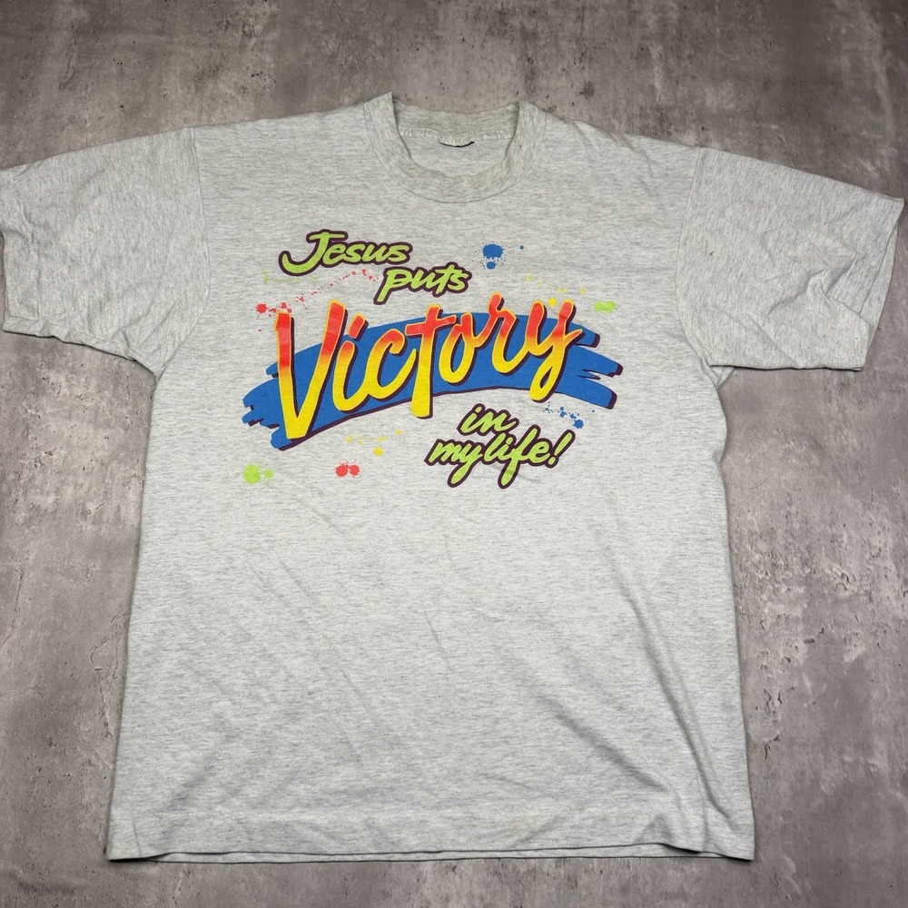 Vintage 80s 90s Jesus Puts Victory In My Life Single Stitch Shirt Gray M USA